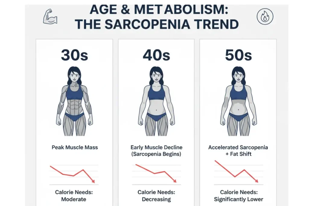 Metabolism slowdown after 40 and muscle loss (sarcopenia) explained for a diet plan for women over 40