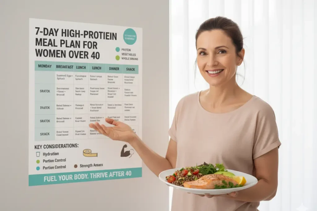 Smiling woman holding a healthy salmon and quinoa plate in front of a 7-day high-protein meal planner, demonstrating a practical diet plan for women over 40.