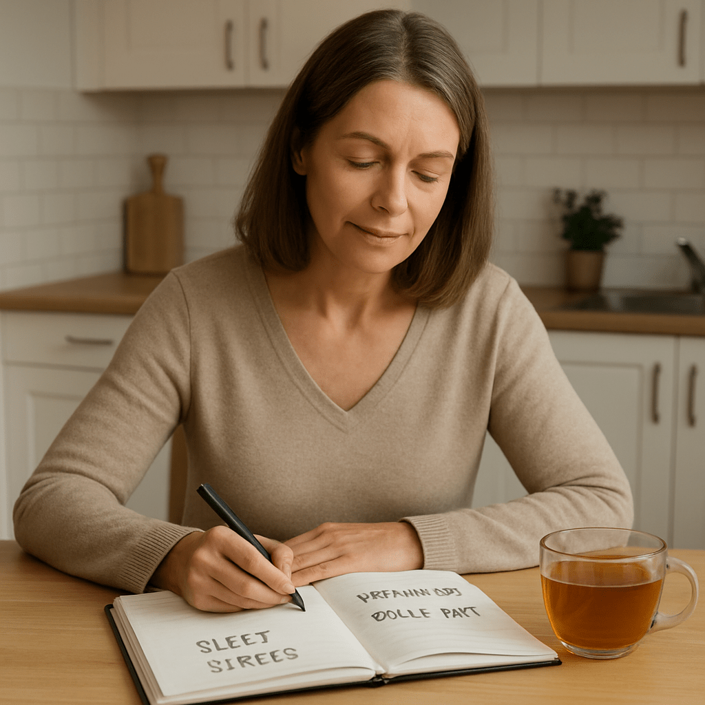 A midlife woman sitting at a kitchen table writing health goals in a journal, accompanied by a cup of tea—illustrating how to get rid of menopause belly fat through practical, step-by-step lifestyle habits.