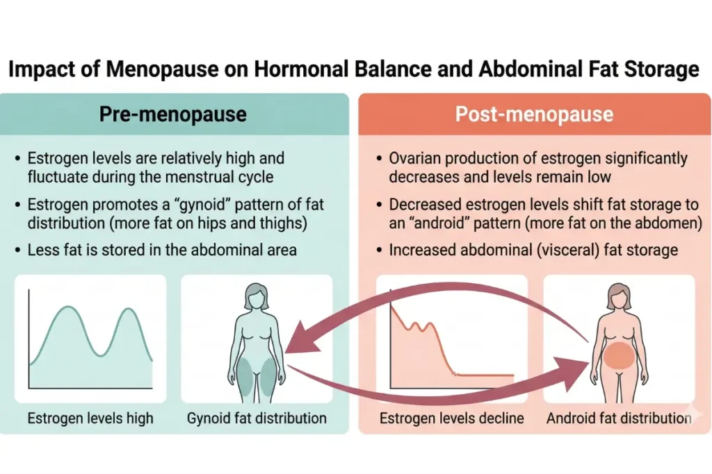 Infographic illustrating the impact of Hormonal changes contributing to menopause weight gain after 40 and belly fat distribution