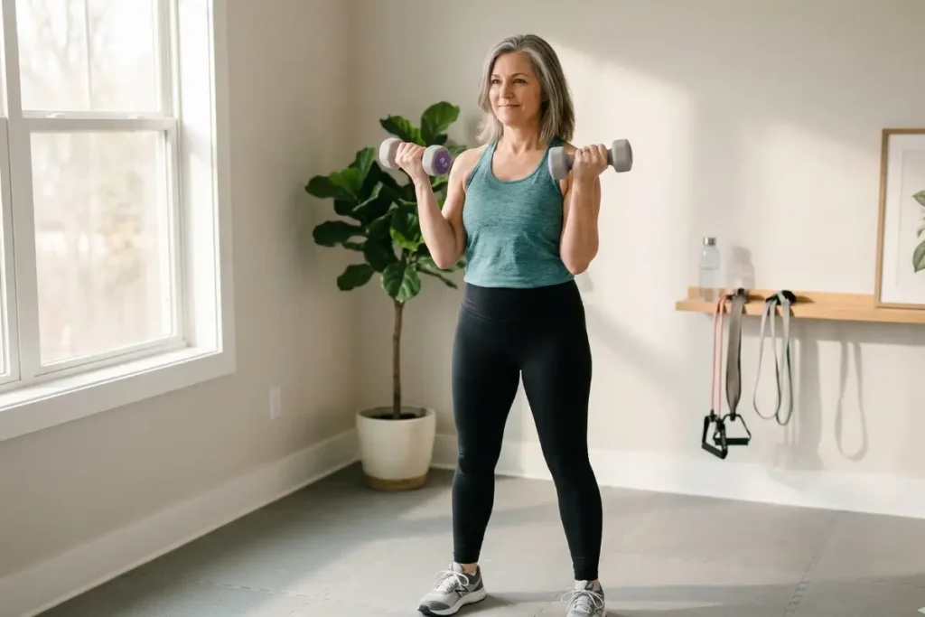 Woman over 40 doing strength training to support muscle and manage menopause weight gain