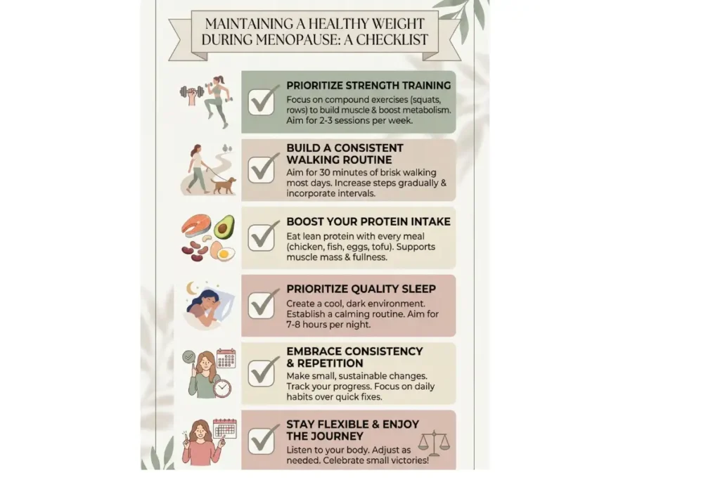 Checklist showing simple habits for maintaining a healthy weight during menopause