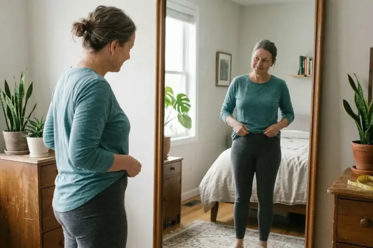 how long does menopause weight gain last during perimenopause and postmenopause. A woman stands in front of a mirror, adjusting her outfit in a cozy bedroom. She is wearing a teal long-sleeve shirt and gray leggings. The room features plants, a wooden dresser, and a bed.