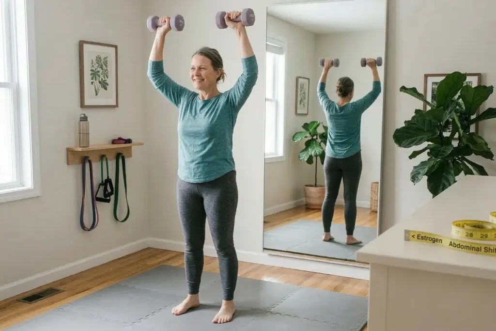 How Long Does Menopause Weight Gain Last: A woman smiling while exercising in a home gym, lifting dumbbells overhead. She is wearing a teal long-sleeve shirt and gray leggings, standing on a workout mat. A mirror reflects her workout, and fitness equipment is visible in the background.