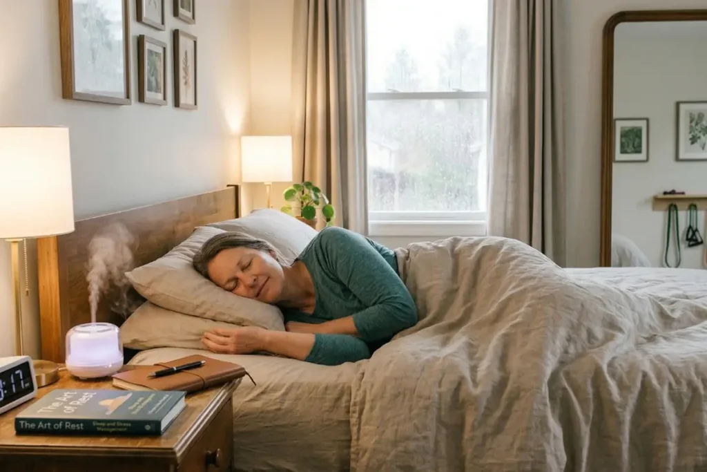 How Long Does Menopause Weight Gain Last: A woman peacefully sleeps in a cozy bedroom, with soft lighting, a plant, and a bedside table featuring a clock and a book titled 'The Art of Rest.'