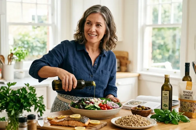 Woman preparing a mediterranean diet for menopause weight gain meal with salmon, vegetables, olive oil, and whole grains