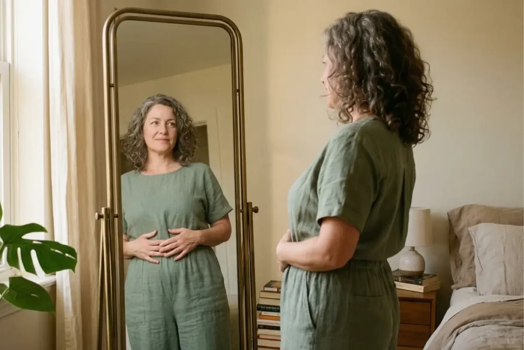 Woman noticing belly changes during mediterranean diet for menopause weight gain journey in midlife