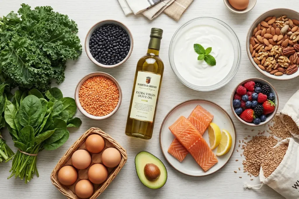 Best foods for mediterranean diet for menopause weight gain including fish, yoghurt, legumes, nuts, and vegetables