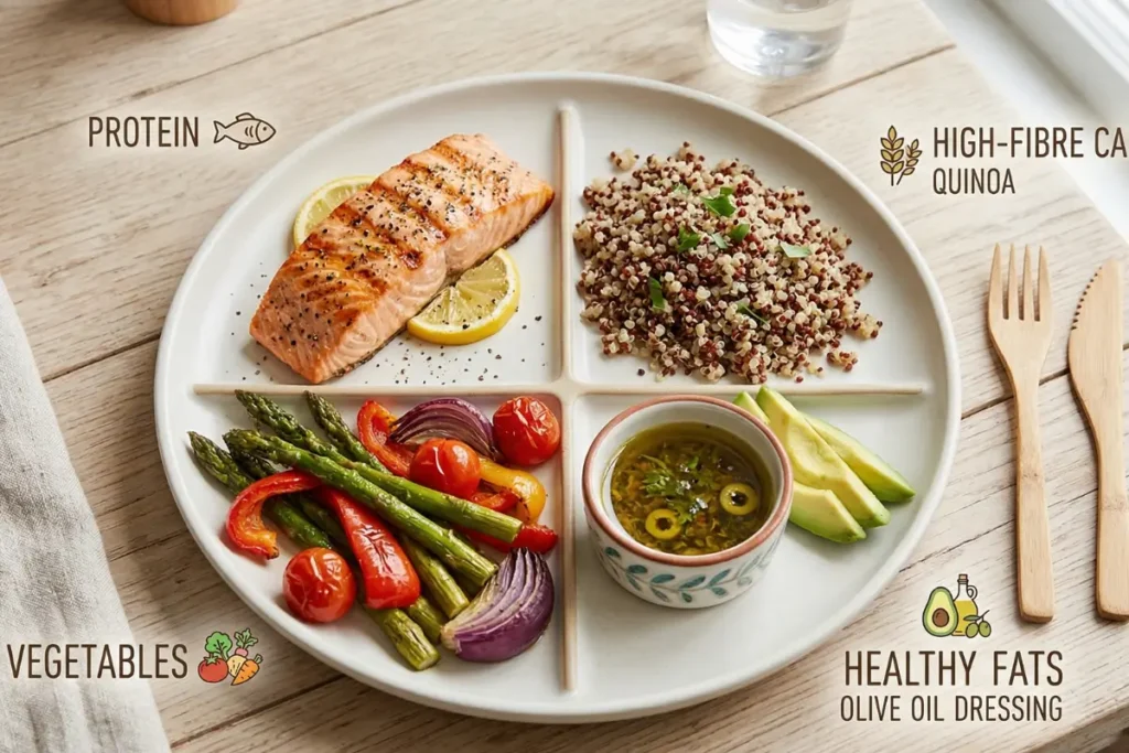 Balanced mediterranean diet for menopause weight gain plate with protein vegetables fibre-rich carbs and healthy fats