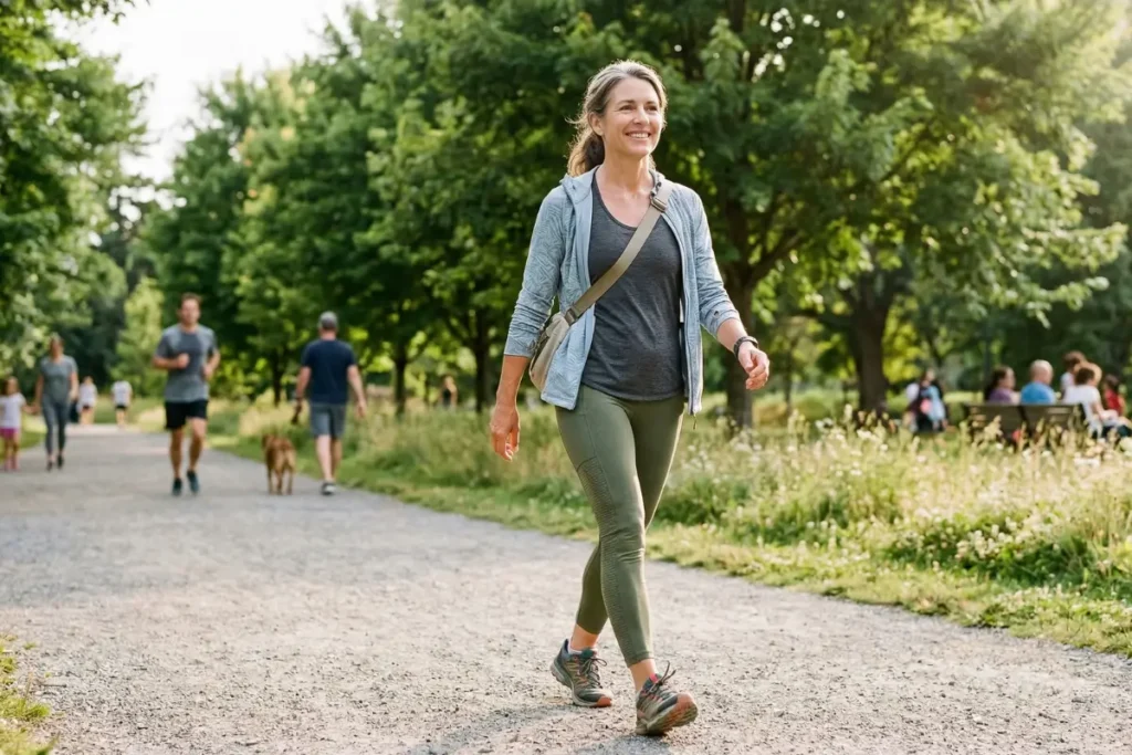 Woman enjoying healthy lifestyle habits while following mediterranean diet for menopause weight gain