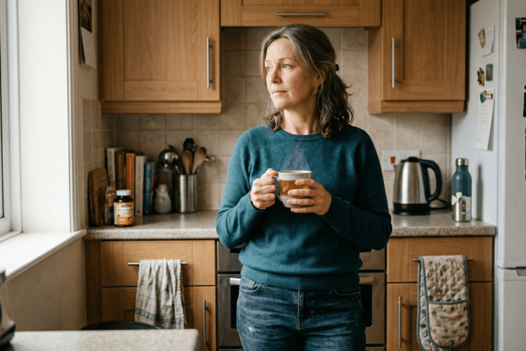 Woman in perimenopause dealing with type 2 diabetes and menopause weight gain at home