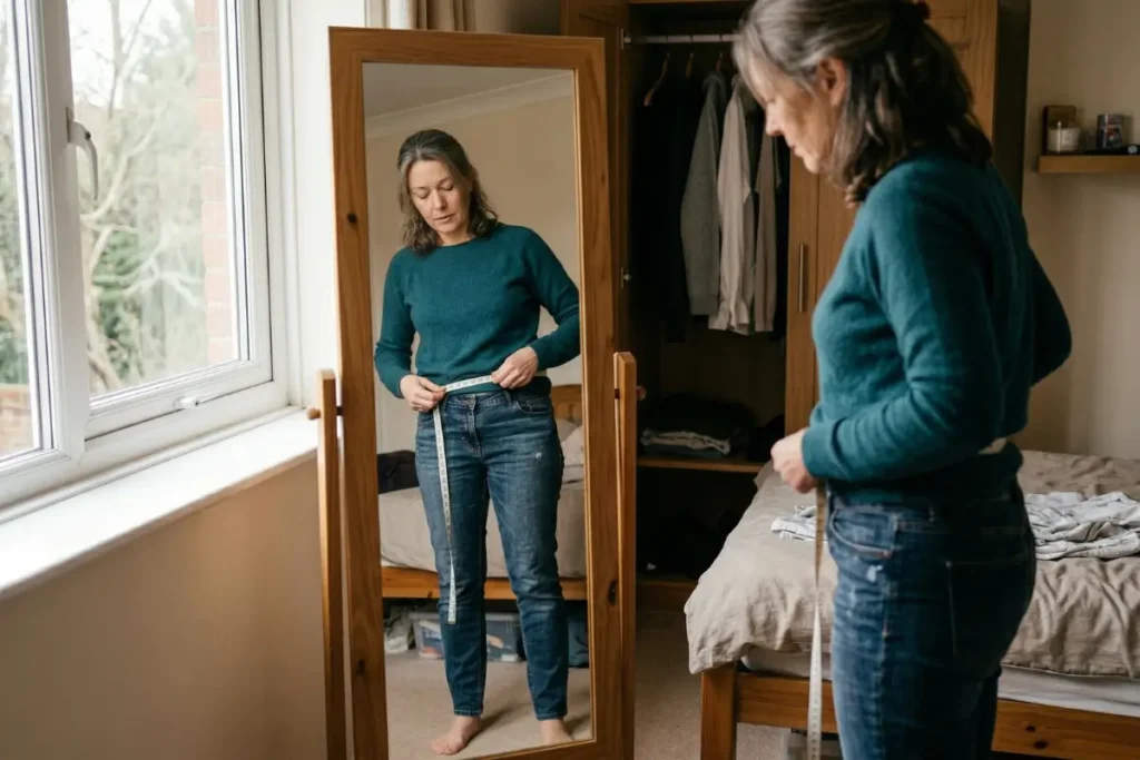 Woman noticing abdominal fat and menopause weight gain linked to insulin resistance