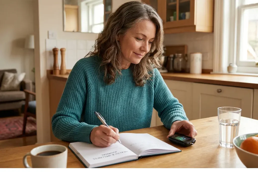 Woman checking blood sugar during menopause while managing type 2 diabetes and insulin resistance