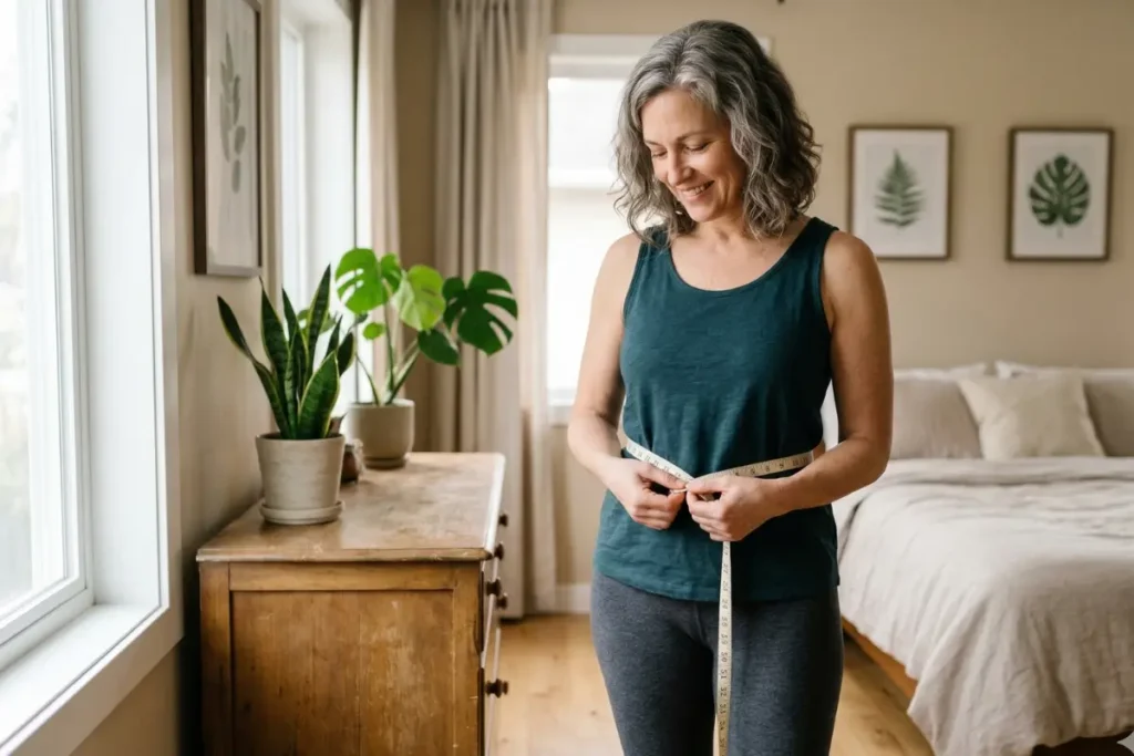 Menopause Weight Gain After 40: A woman with gray hair wearing a teal tank top and gray leggings is smiling while holding a measuring tape around her waist in a cozy, well-lit room with plants and a bed in the background.