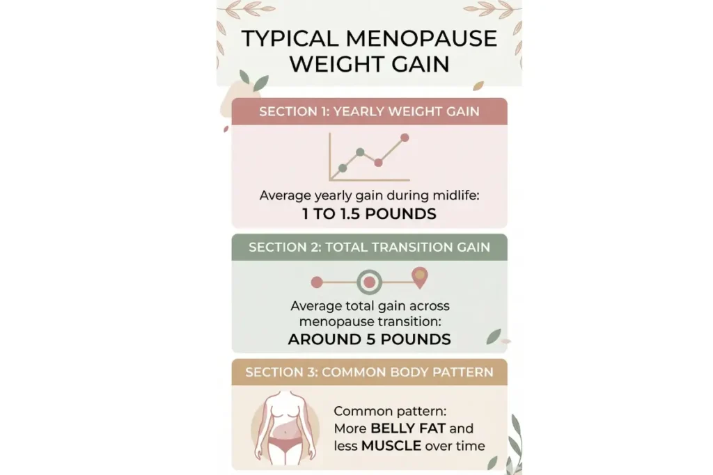 Chart showing typical menopause weight gain in pounds including average yearly gain and total gain across menopause
