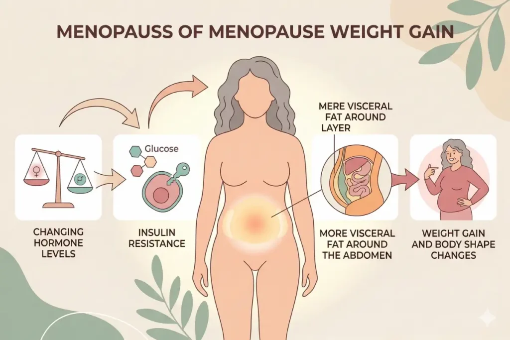 Illustration showing how hormone levels insulin resistance and visceral fat can affect menopause weight gain after 40