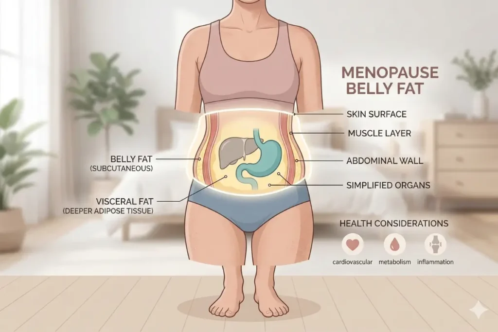 Menopause Weight Gain After 40: Illustration of menopause belly fat and visceral fat around the waist with related health risks