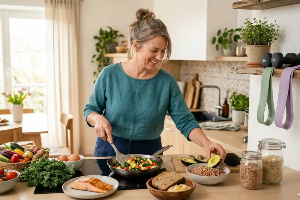 Woman over 40 practicing diet and exercise habits to prevent menopause weight gain