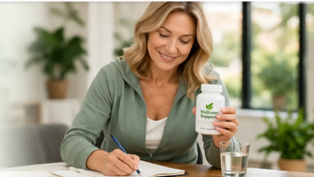 a woman in the hero section holding a supplement bottle, alongside the headline “Weight Loss Reviews for Women Over 40