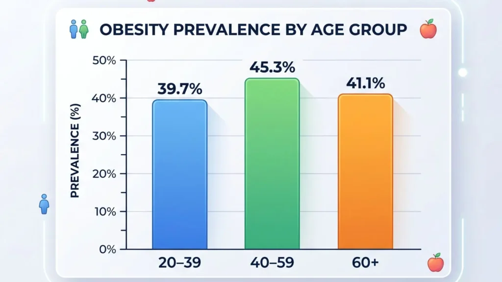  obesity prevalence by age group in adults 20 to 39 40 to 59 and 60 plus