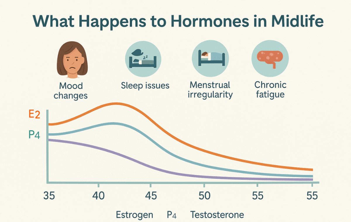 hormonal-health-after-40-midlife-hormone-timeline.png Timeline infographic showing hormonal changes in midlife women from age 35 to 55, highlighting the decline of estrogen, progesterone, and testosterone with icons for mood changes, sleep issues, menstrual irregularity, and chronic fatigue.